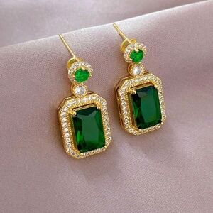 14k Gold Emerald Crystal Small Minimalist Geometric Square Earrings